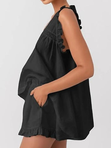 Ruffled V-Neck Top and Shorts Set - SwagglyLife Home & Fashion