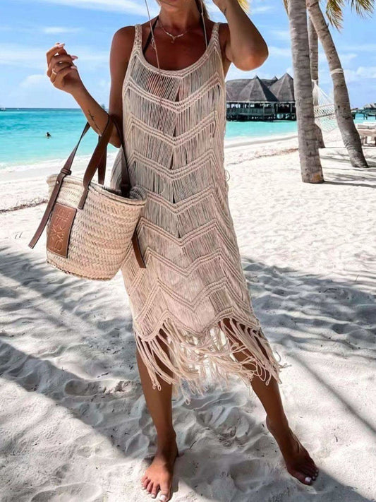 Fringe Scoop Neck Cover-Up in Khaki - photo