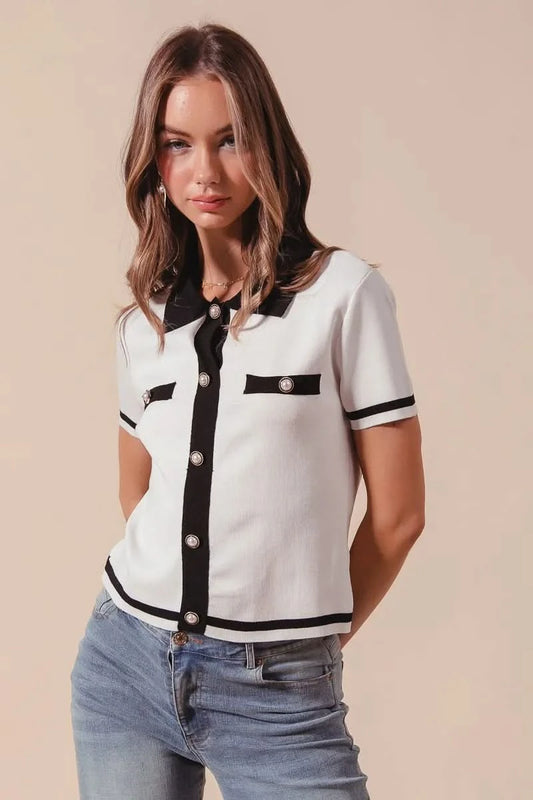 SO ME Button Down Knitted Sweater Shirt Top in IVORY BLACK - photo