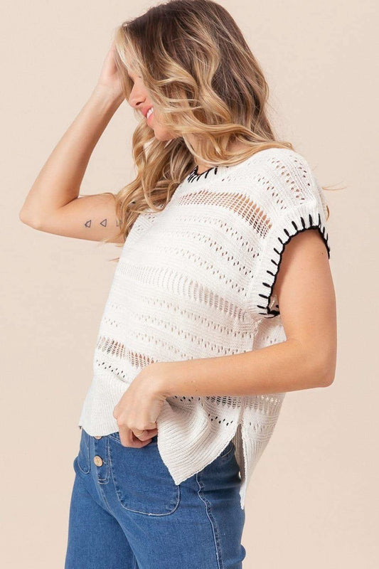 BiBi Stitch Edge Pointelle Side Slit Sweater Vest in - Vests photo