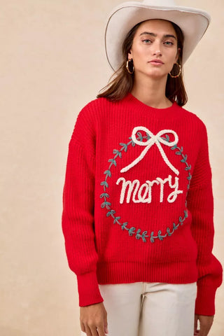 BiBi Christmas Wreath Merry Letter Knit Top in - photo