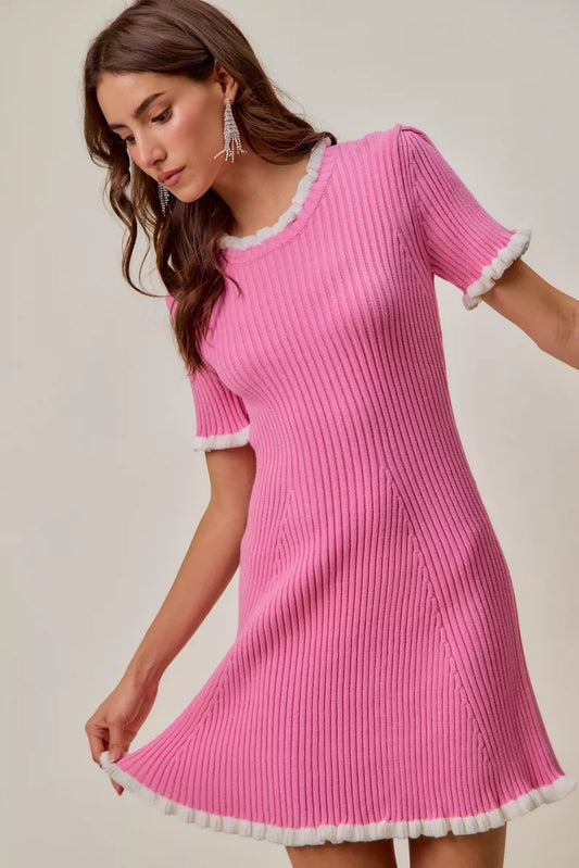 SO ME Contrast Ruffled Sweater Knit Mini Dress in - photo