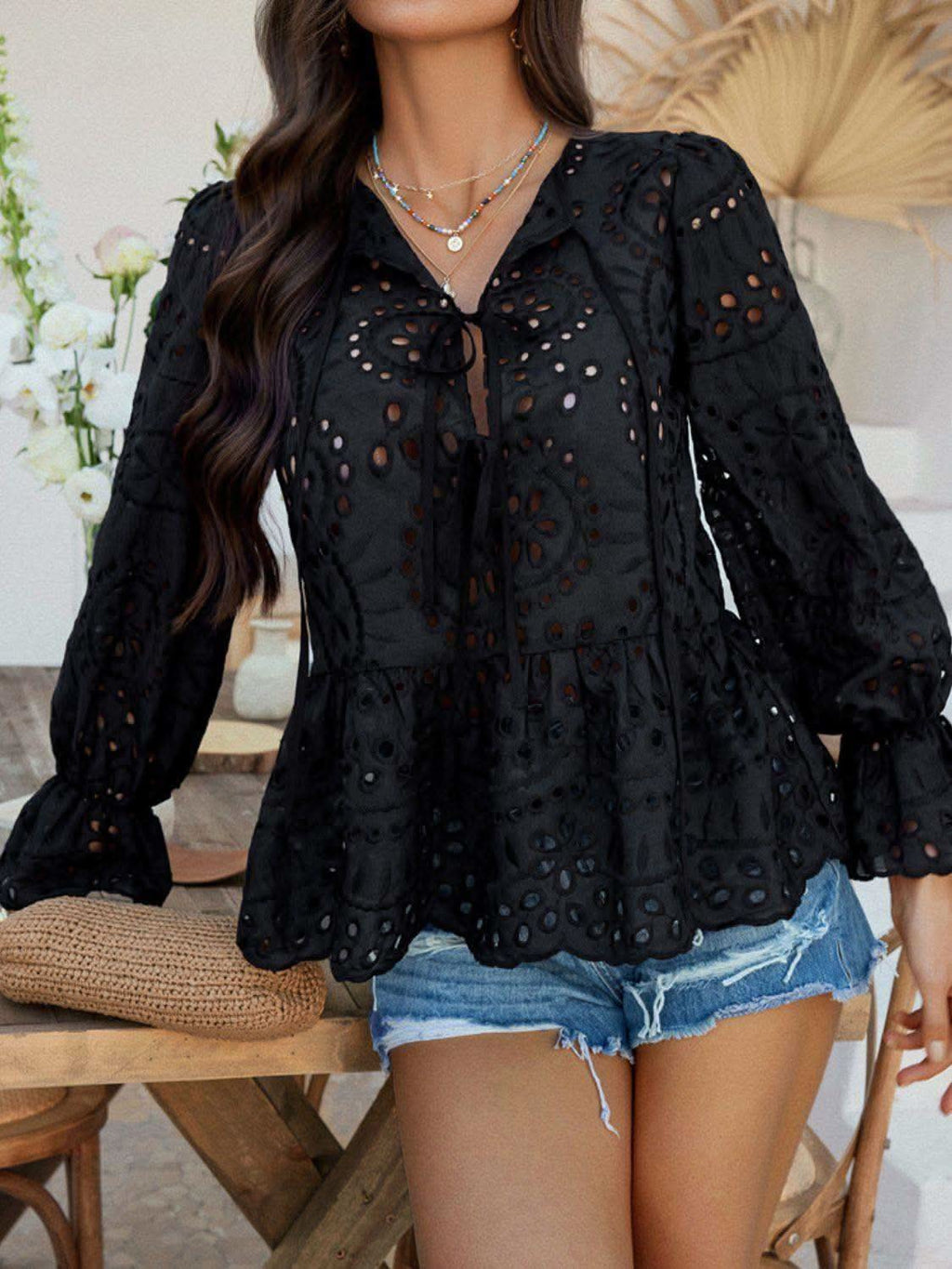 Devine Tie Front Flounce Sleeve Peplum Blouse - SwagglyLife Home & Fashion