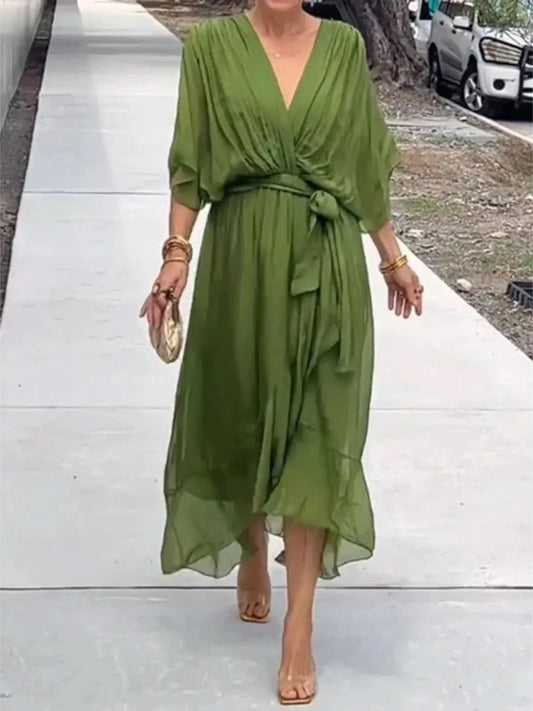 Flowy Tie Front Midi Dress with Flutter Sleeves in - photo