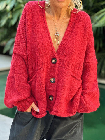 Pocketed V-Neck Button Up Cardigan