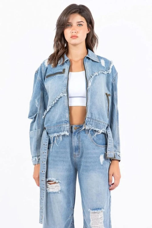 American Bazi Full Size Distressed Frayed Edge Zip Up Denim Jacket Plus Size in Light Blue - photo