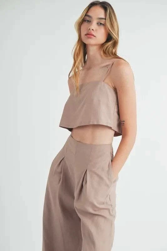 MABLE Linen Mix Crop Cami and Wide Leg Pants Set - SwagglyLife Home & Fashion