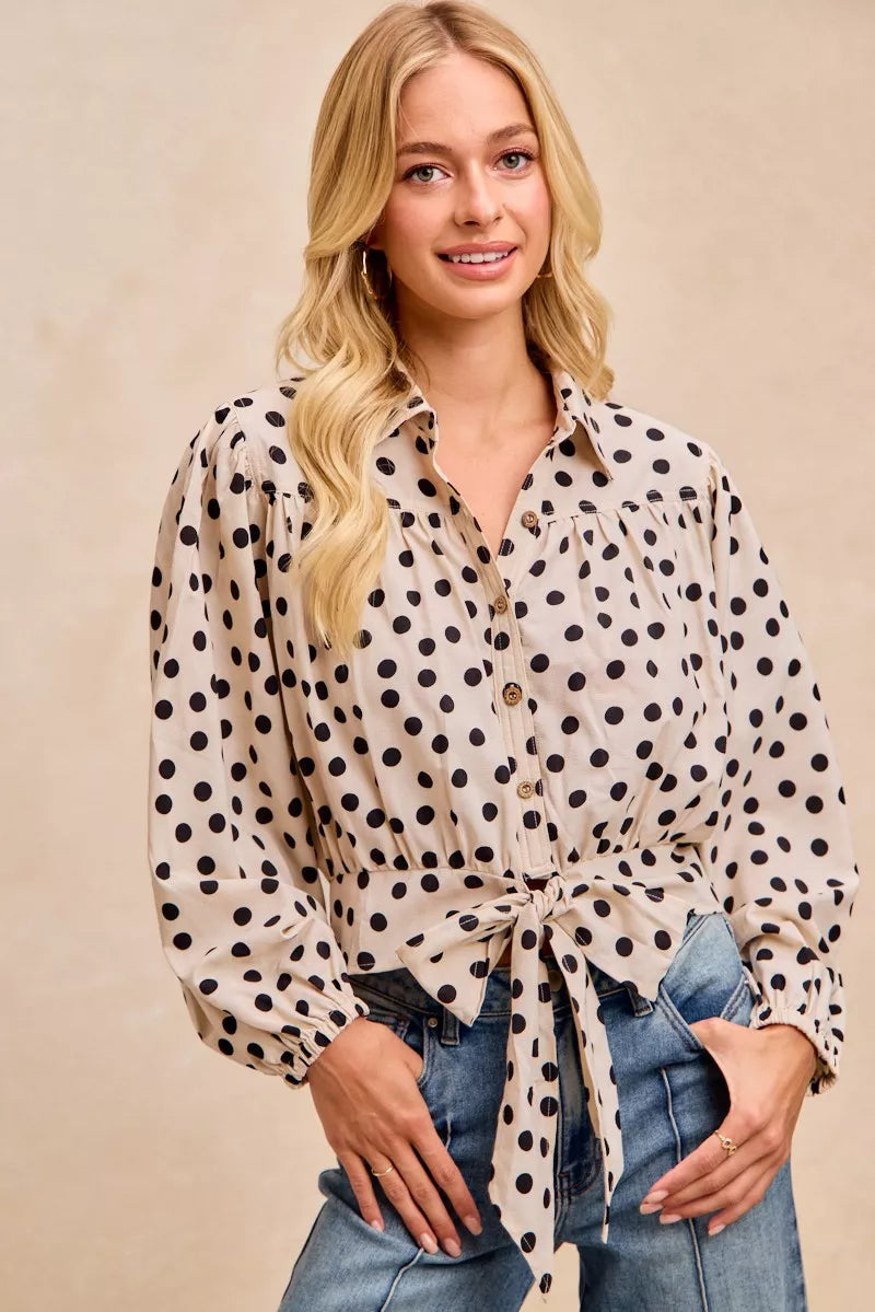 BiBi Polka Dot Print Tie Hem Detail Crop Shirt in - photo