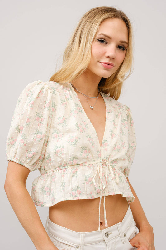Petticoat Puff Sleeve Tie Front Peplum Top in BEIGE - photo