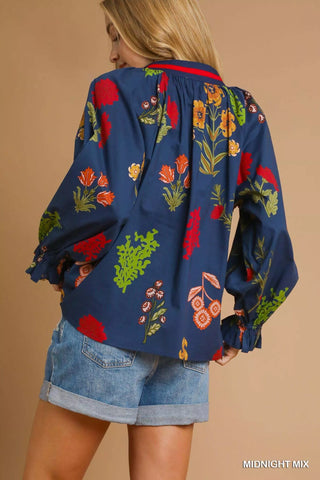 Umgee Floral Print Flounce Sleeve Blouse - SwagglyLife Home & Fashion