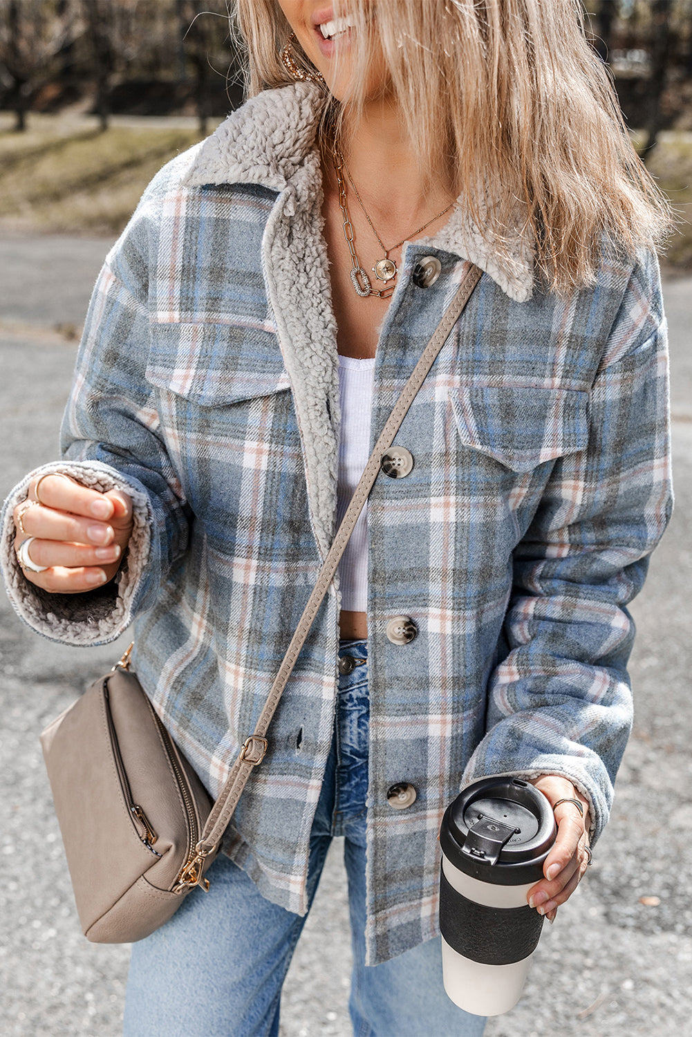 Madison Cuffs Patchwork Plaid Shirt in Sky Blue Stripe - Plaid Shackets photo