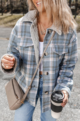 Madison Cuffs Patchwork Plaid Shirt in Sky Blue Stripe - Plaid Shackets photo