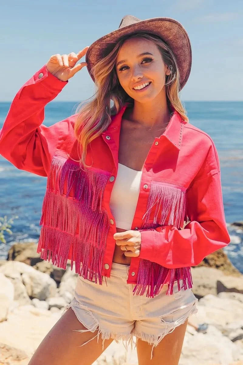 BiBi Rhinestone Fringe with Studed Collar Jacket in - photo