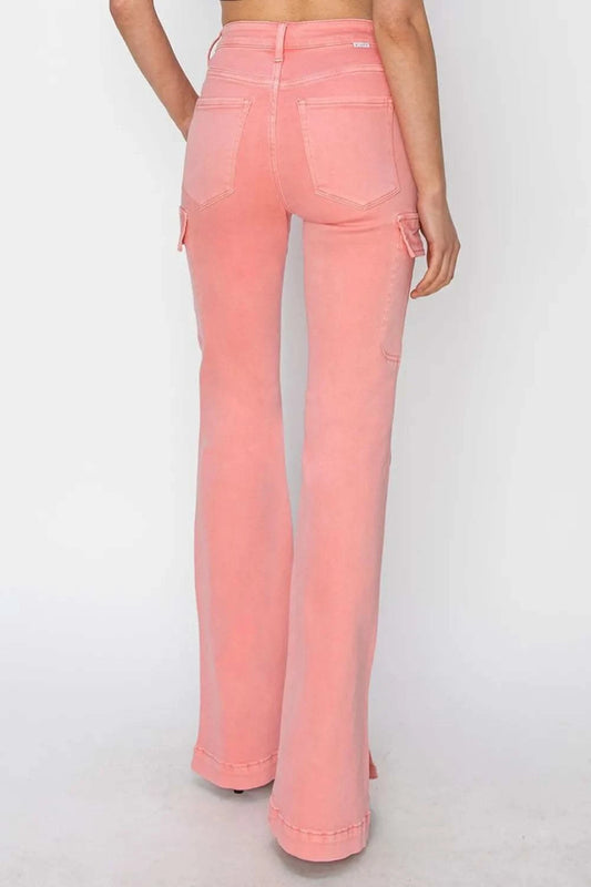 RISEN Full Size High Rise Side Slit Cargo Bootcut Jeans in - photo