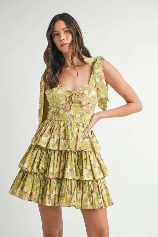 MABLE Floral Print Shoulder Tie Layered Mini Dress in Kiwi - photo
