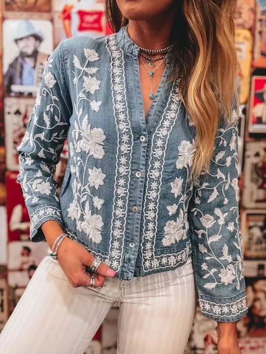 Floral Embroidered Button Up Denim Shirt in - photo