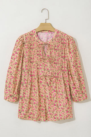 Sadie Floral Bow Pin-tuck Bust Half Puff Sleeve Blouse
