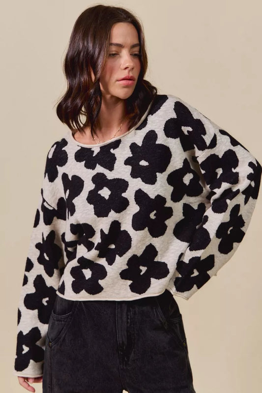 SO ME Loose Fit Flower Lightweight Sweater Top in BLACK OATMEAL - photo