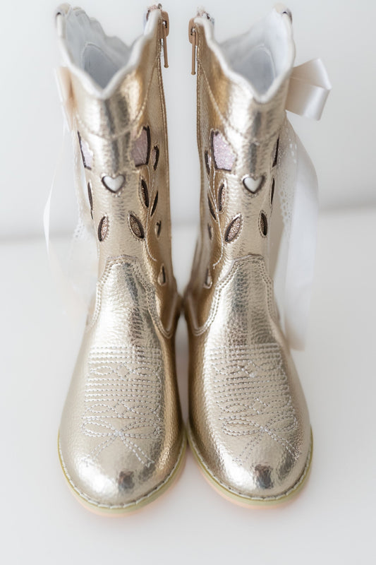 Sweetheart Bow Cowgirl Boots- Gold in - Shoes photo