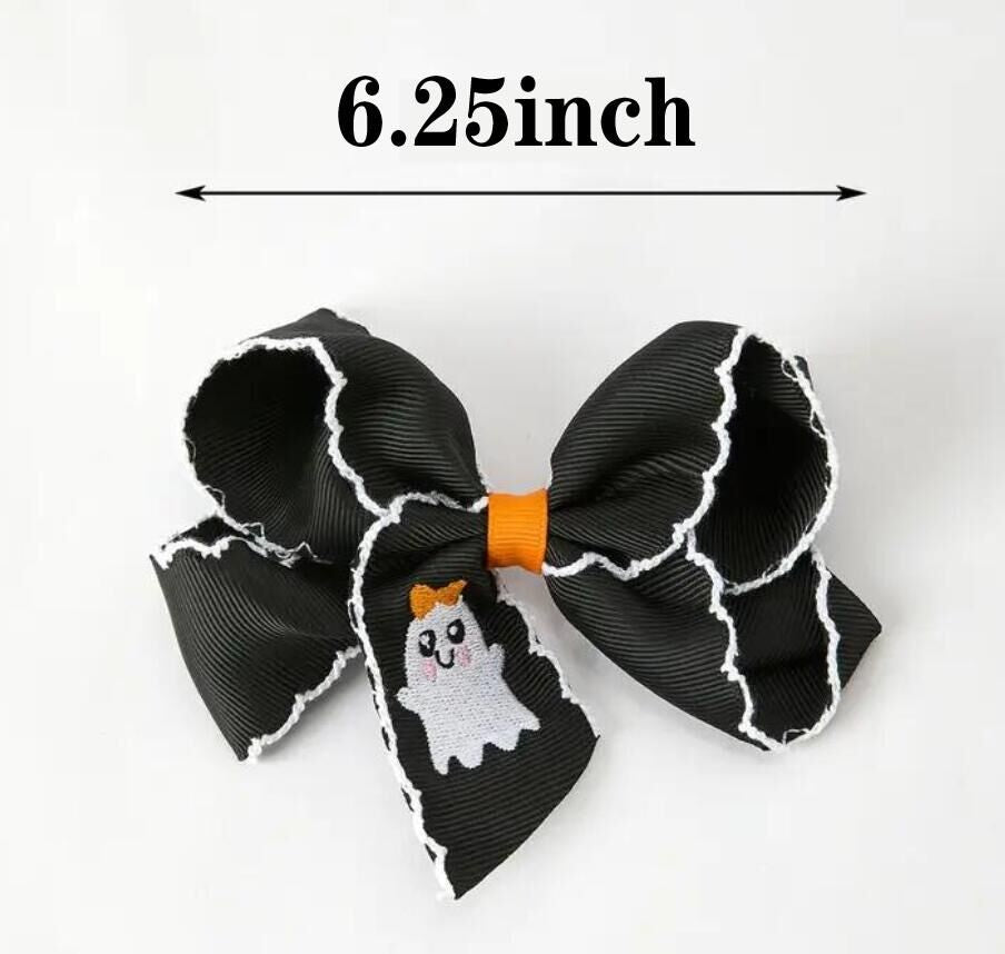 Halloween Ghost Embroidered Black Bow Hairpin - ACG63605-6.25 inches