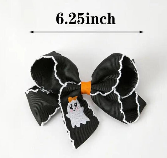 Halloween Ghost Embroidered Black Bow Hairpin - ACG63605-6.25 inches