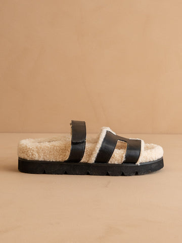 The Alpine | Black Faux Shearling Sandals in Black - SANDALS photo