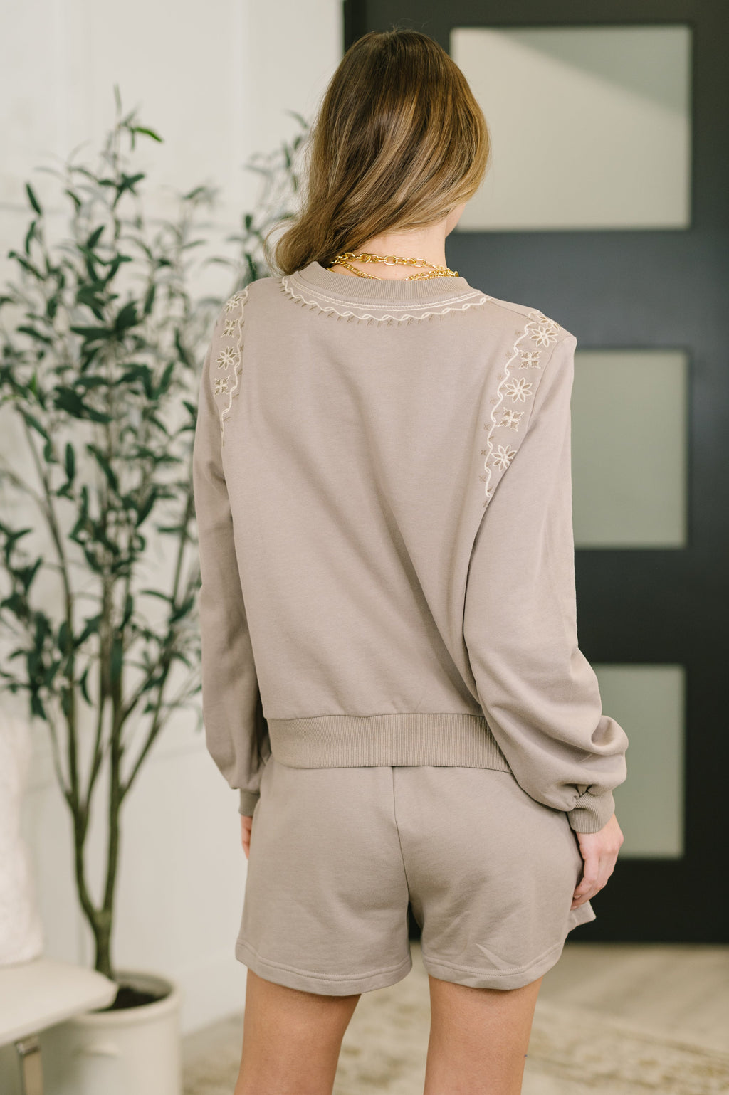 A Little Bit of Comfort Embroidered Top and Bottom Set in Taupe in - Womens photo