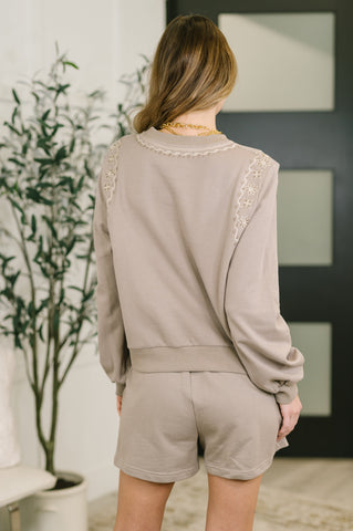 A Little Bit of Comfort Embroidered Top and Bottom Set in Taupe in - Womens photo