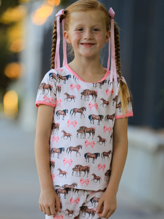 Girls Western Horse Bow Pajamas Set Print -