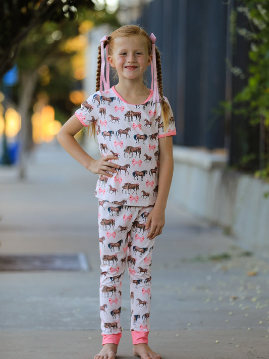 Girls Western Horse Bow Pajamas Set Print -