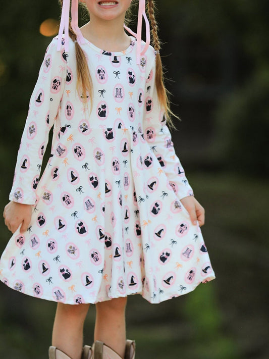 Halloween Vintage Cameo Print Girls Twirl Dress -