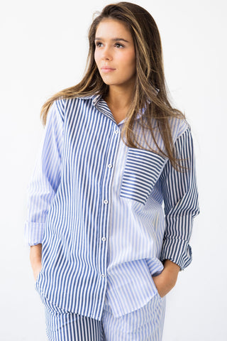 Amalfi Stripes Resort Full Length Set in Light Blue-Navy - PAJAMAS photo