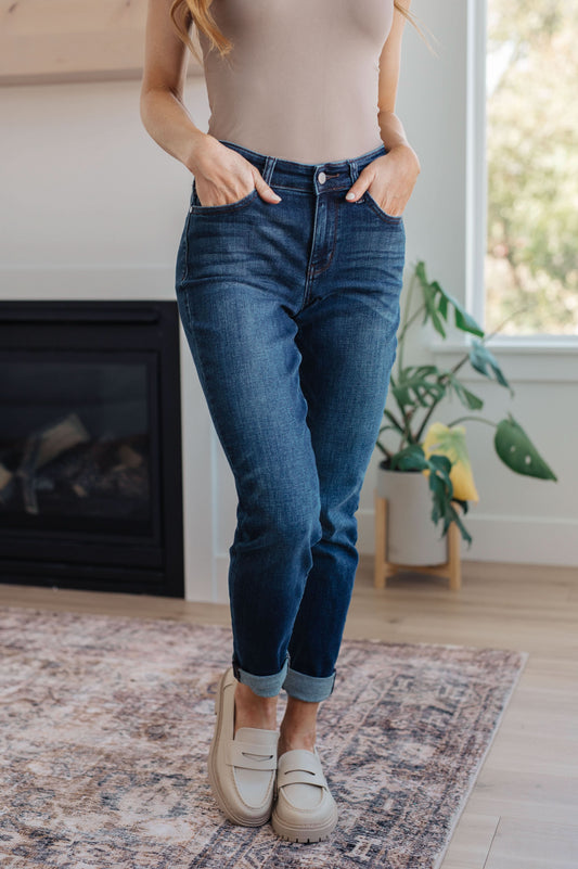 Judy Blue Amber Cuffed Slim Fit Dark Wash Jeans in - Womens photo