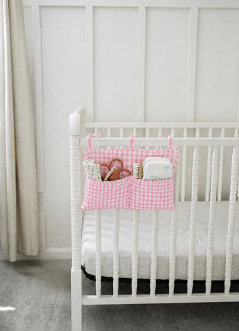 Crib Diaper Caddy Storage Organizer Nursery Room - Pink Gingham