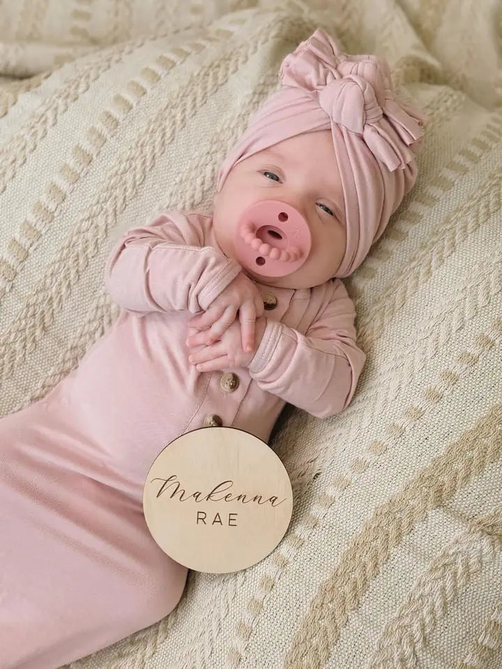 Newborn Knotted Gown and 3 Bow Turban Hat - Dusty Rose in - Newborn Knotted Baby Gown Sets photo
