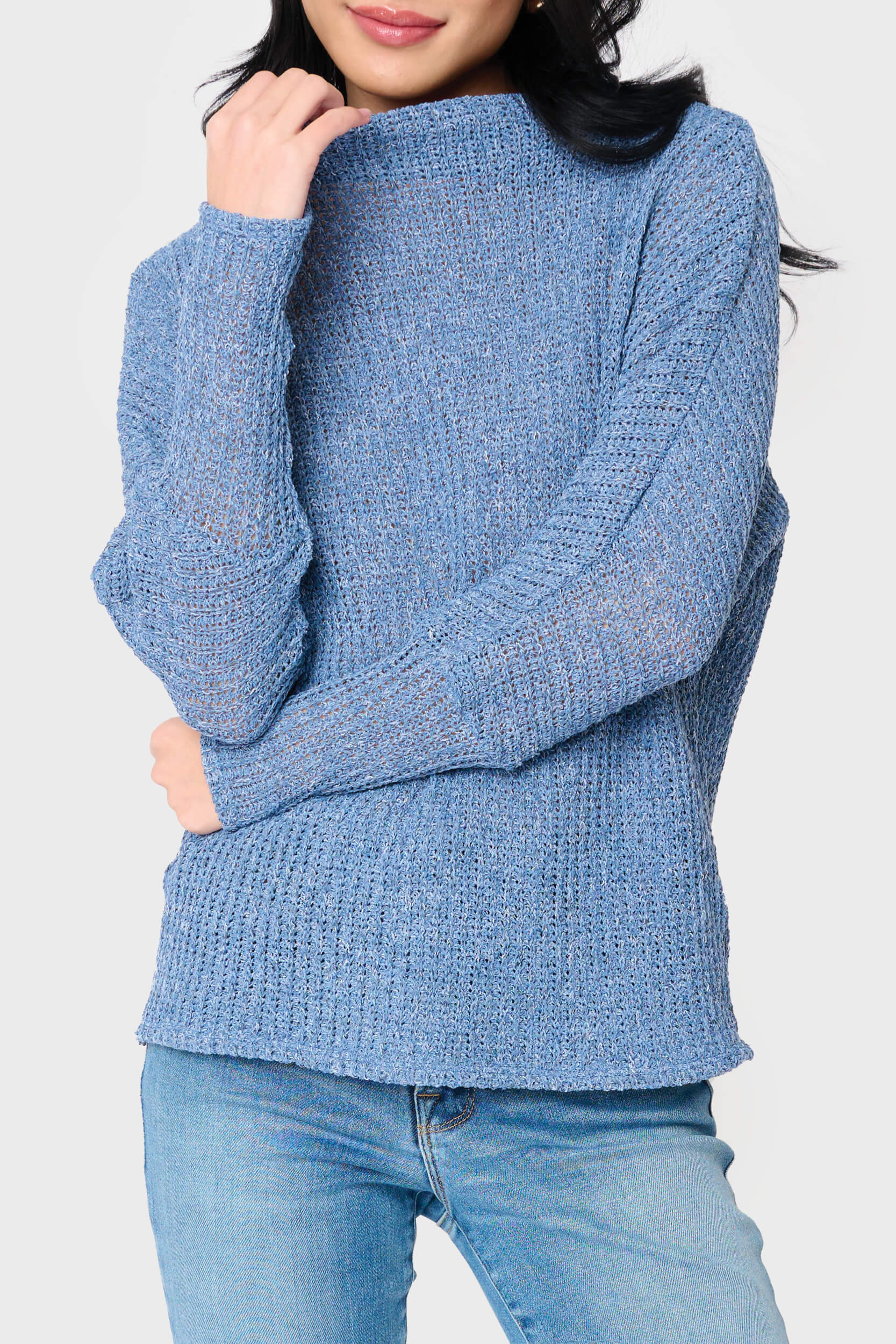 Slouchy Off Shoulder Open Stitch Sweater in Denim - 25, LAYERS, 253 photo