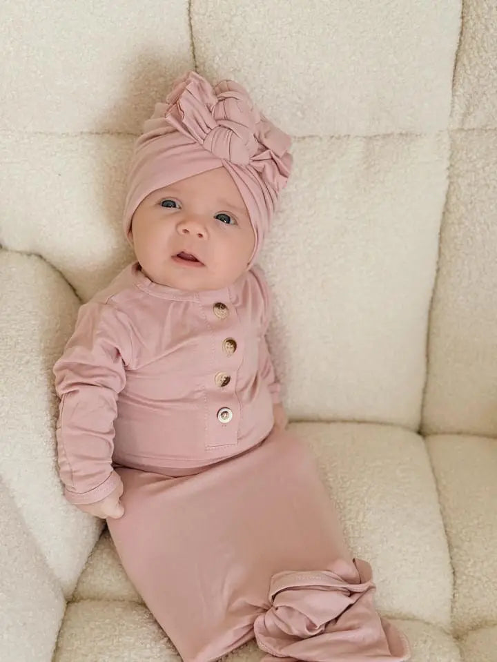 Newborn Knotted Gown and 3 Bow Turban Hat - Dusty Rose in - Newborn Knotted Baby Gown Sets photo