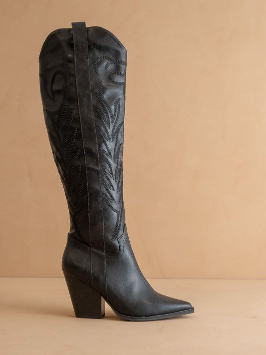 The Bronco | Black Knee High Embroidered Cowboy Boot in Black - BOOTS & BOOTIES photo
