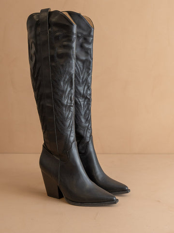 The Bronco by Oasis Society | Black Knee High Embroidered Cowboy Boot