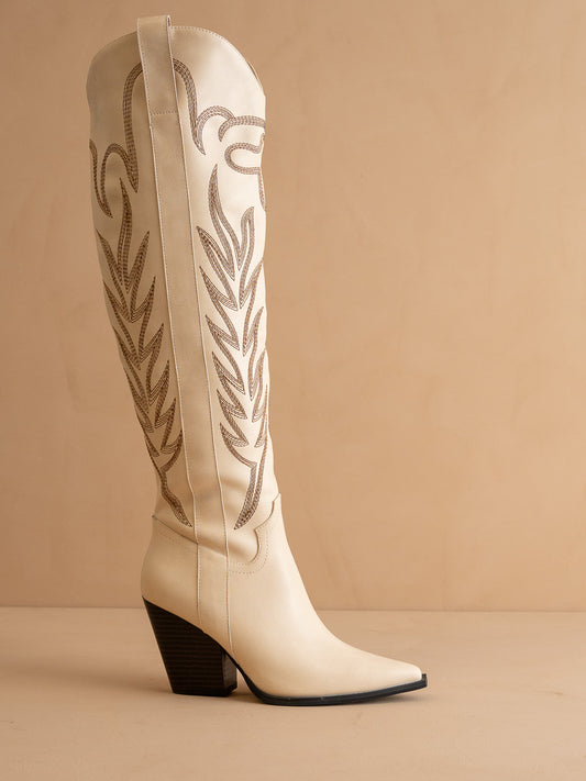 The Bronco | Off White Knee High Embroidered Cowboy Boot *FINAL SALE*