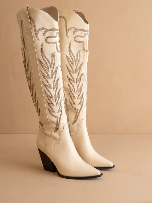 The Bronco | Off White Knee High Embroidered Cowboy Boot *FINAL SALE*
