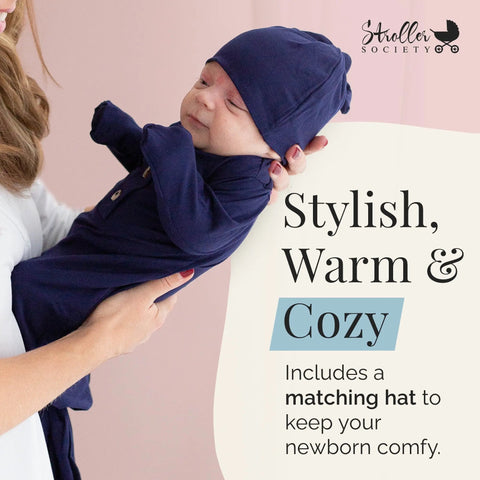 Newborn Knotted Gown and Hat Set Navy Blue, Newborn Clothes for Boys in - Newborn Knotted Baby Gown Sets photo