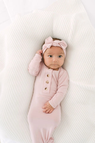 Knotted Baby Gown, Hat, Headband Set – Newborn Baby Girl Outfit - Dusty Rose in - Newborn Knotted Baby Gown Sets photo
