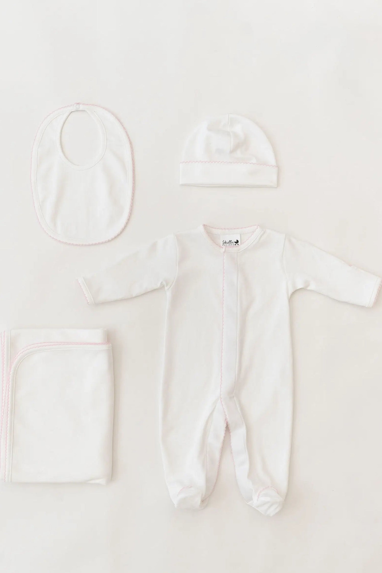 Stroller Society Premium Pima Cotton Newborn Set in White Baby Pink Trim NB - Onesies photo