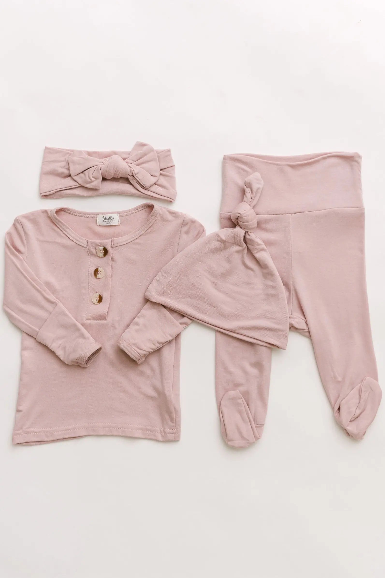 Top and Bottom Outfit, Hat and Headband Set (Newborn - 12 months) - Dusty Rose in NB-3 mo (headband and hat) - Onesies photo