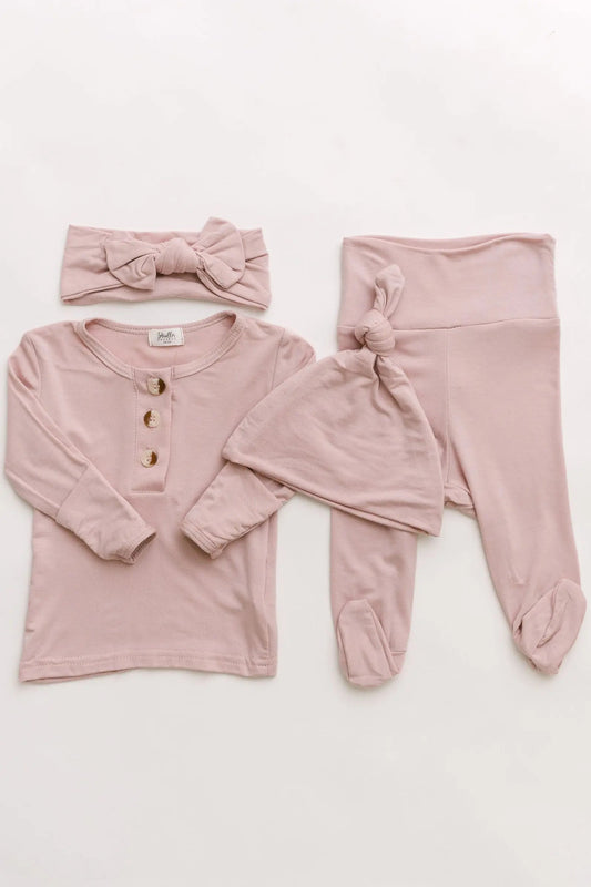 Top and Bottom Outfit, Hat and Headband Set (Newborn - 12 months) - Dusty Rose in NB-3 mo (headband and hat) - Onesies photo