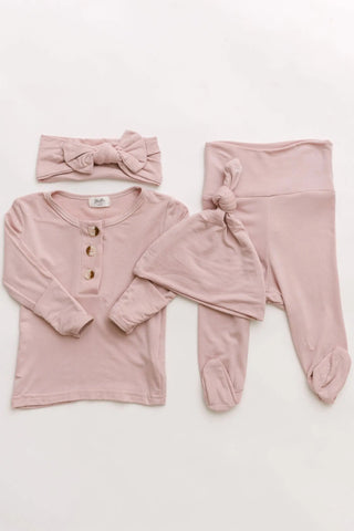 Top and Bottom Outfit, Hat and Headband Set (Newborn - 12 months) - Dusty Rose in NB-3 mo (headband and hat) - Onesies photo