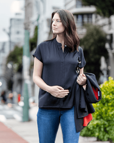 Short Sleeve Satin Maternity Shell Top with Concealed Nursing Zip in - Maternity Top photo