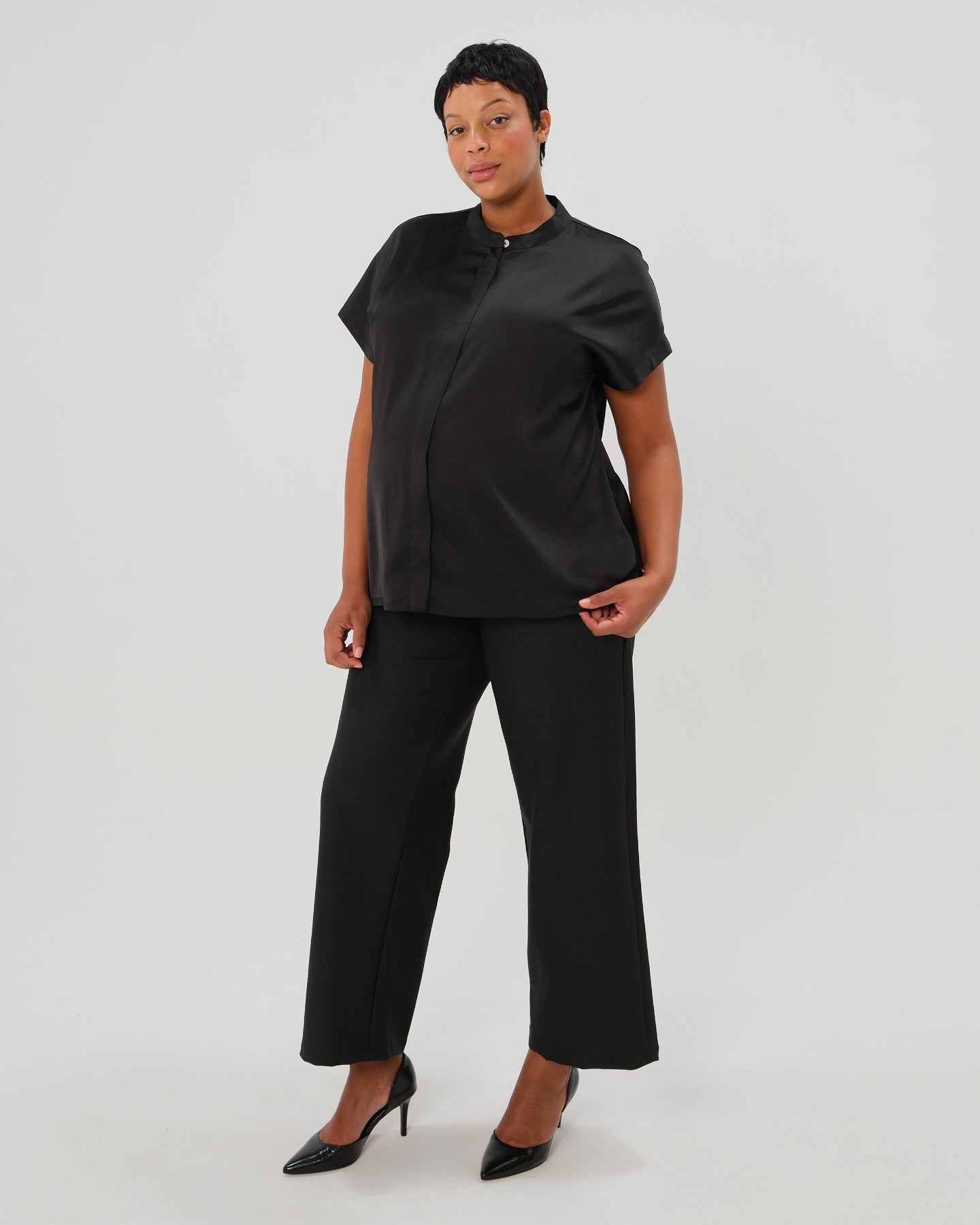 Short Sleeve Satin Maternity Shell Top with Concealed Nursing Zip in - Maternity Top photo