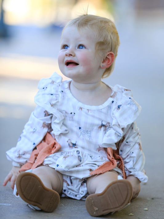 Fall Plaid Dog Print Girls Long Sleeve Romper -
